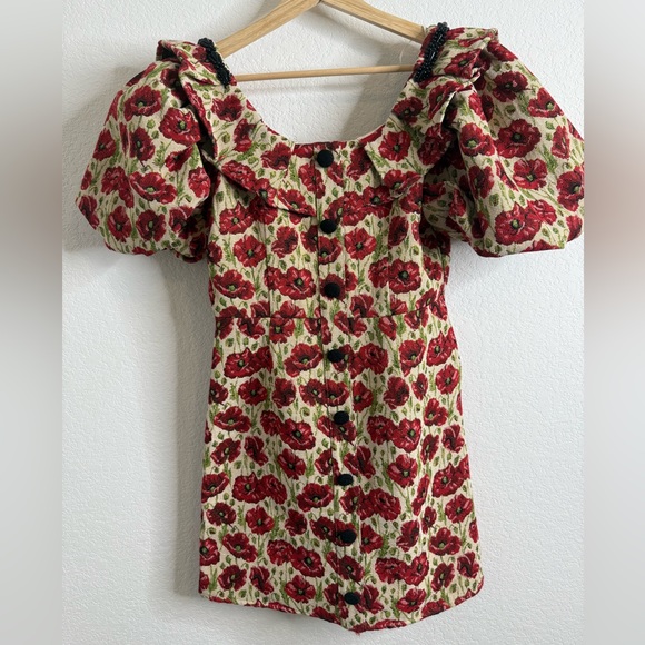 NWT SISTER JANE SHIRLEY POPPY TAPESTRY DRESS - TAN RED FLORAL Sz Small - Picture 5 of 16